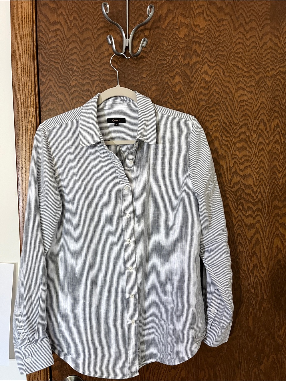 Quince Women’s Navy and White Pinstripe Button-Down Shirt